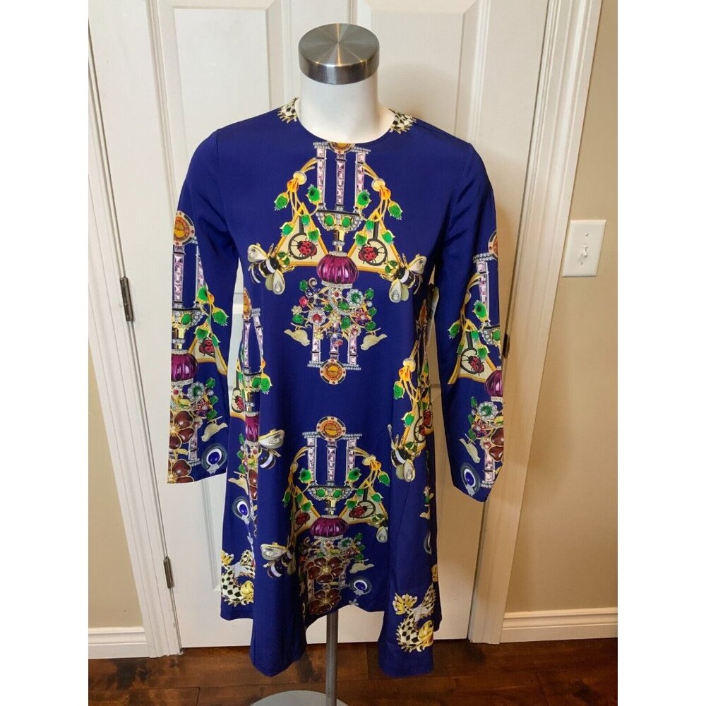 Mary Katrantzou Blue Chrono Totem Jewelry Print Mini Dress, Size Medium